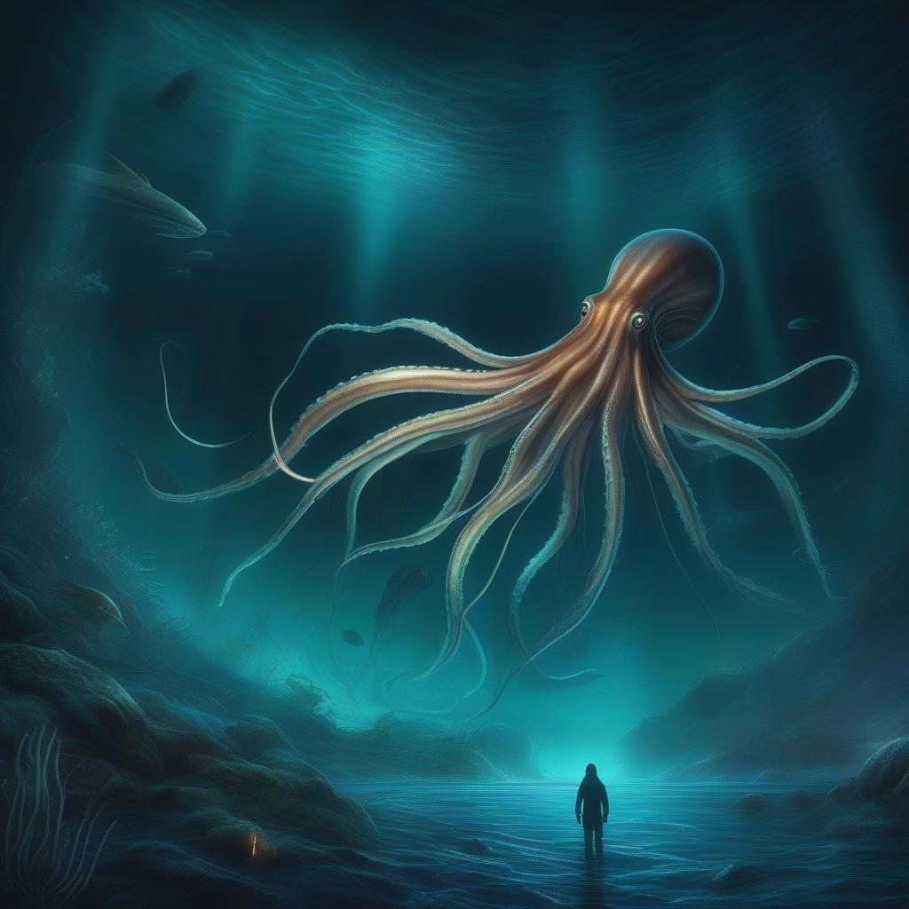 This fantasy creature wallpaper features a majestic octopus in a mystical underwater scene, perfect for fans of fantasy and adventure.