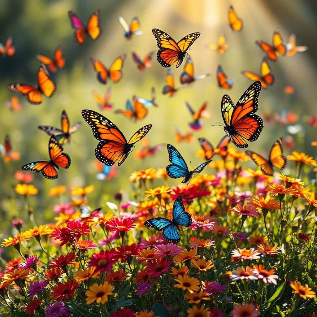 Questo bellissimo sfondo presenta una scena mozzafiato di farfalle in un campo di fiori. I colori vivaci e i dettagli delicati delle farfalle e dei fiori creano un'atmosfera serena e pacifica, perfetta per l'uso su desktop e mobile.