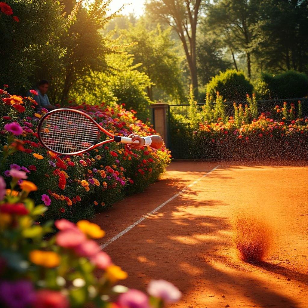 Ein Tennisspieler, der inmitten eines Action-Shots festgehalten wurde, mit einem lebhaften blühenden Garten hinter ihm.