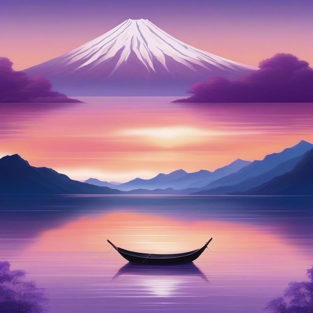 An enchanting anime-style oil painting depicts the serene beauty of Mount Fuji overlooking a tranquil lake, basked in warm colors from the sunset sky.