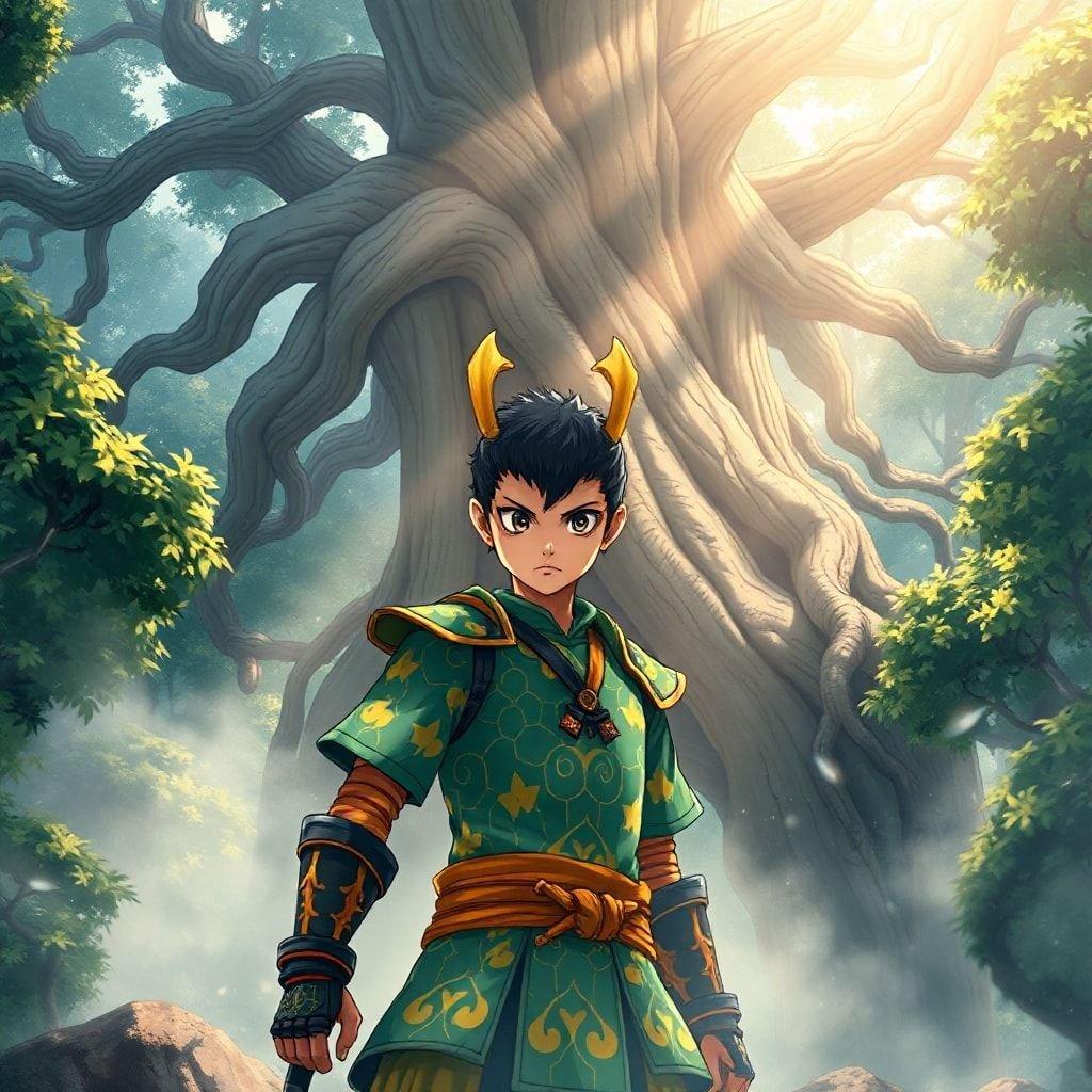 Immerse yourself in the mystical world of anime with this captivating illustration of a young samurai standing tall amidst a misty mountain forest, surrounded by a giant tree with intricate roots and roots.