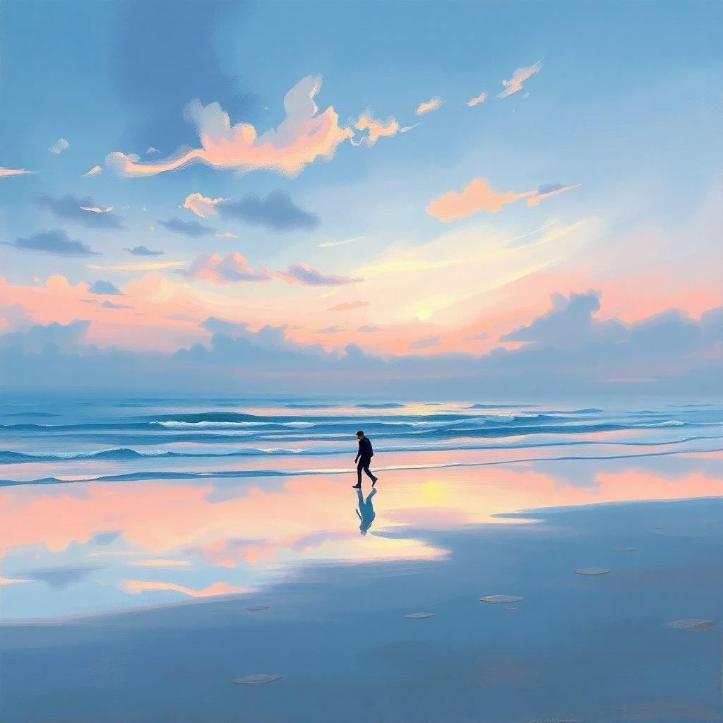 A lone figure walks along the wet sand, reflecting the vibrant colors of the sunset. The tranquil ocean waves gently lap against the shore.