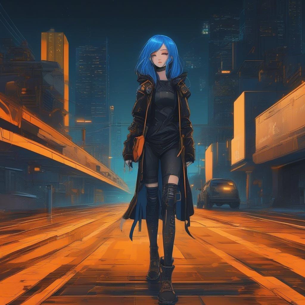 A captivating scene from an anime set in the dark alleys of a cyberpunk city. A girl in futuristic gear strides confidently, her vibrant blue hair and outfit standing out against the gloomy backdrop. The ambient lights hint at the intrigue of her adventure.