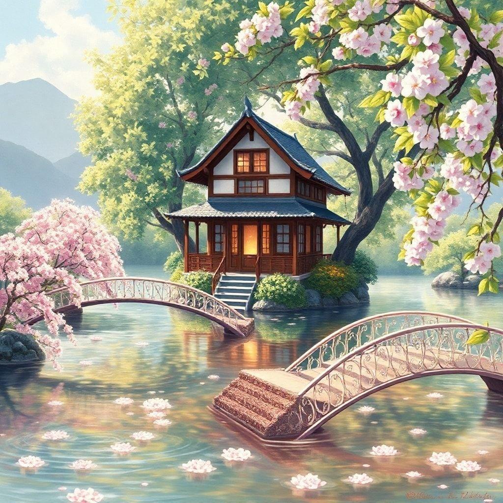 Step into a world of tranquility with this anime-style tea house, nestled among lush greenery and surrounded by a serene pond. The delicate, lace-like bridges in the foreground add to the enchanting atmosphere, creating a harmonious scene that invites relaxation and contemplation.