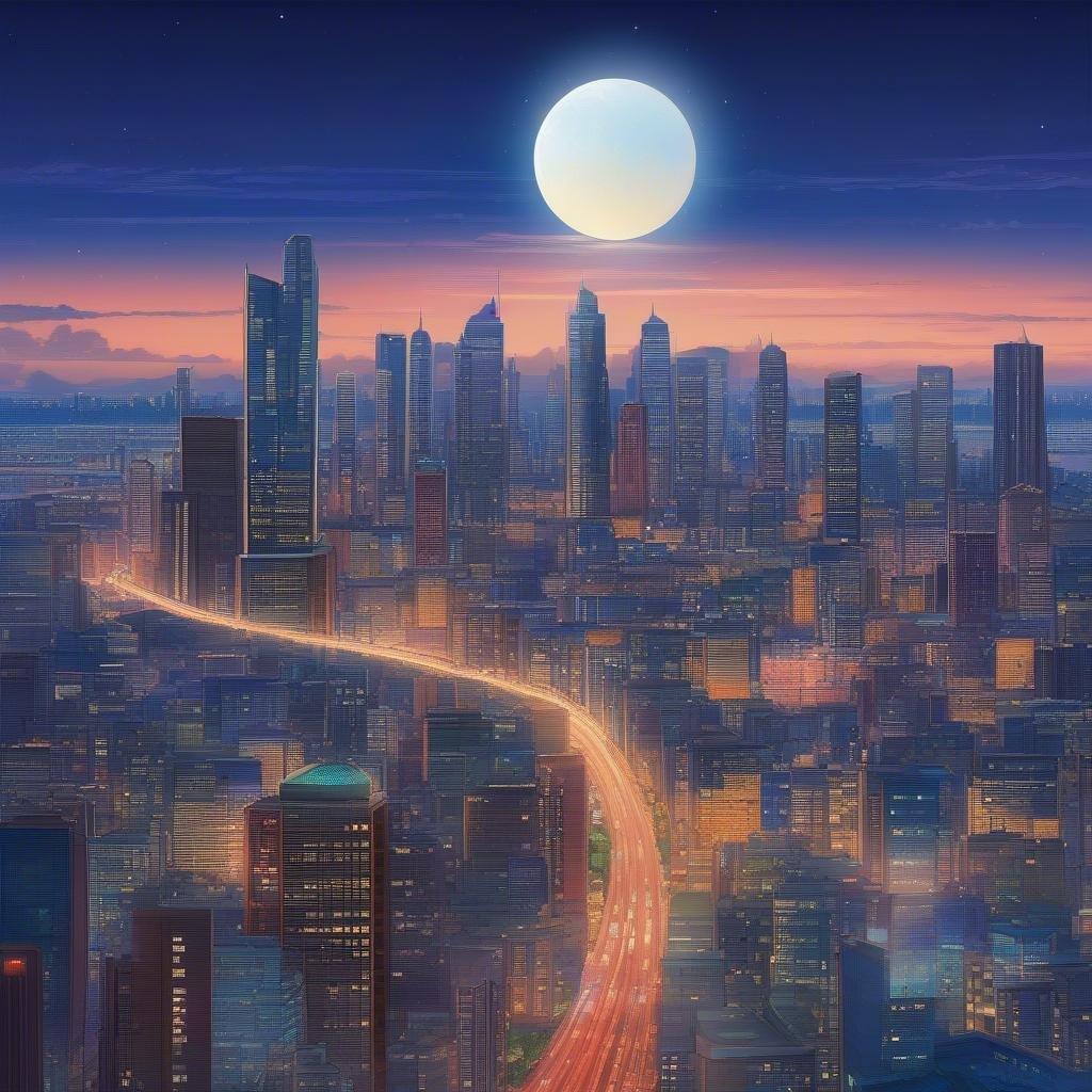 Uma ilustração pitoresca em estilo anime de uma cidade movimentada sob um vibrante céu de pôr do sol. Os arranha-céus estão iluminados com os tons quentes do sol poente, e a lua paira à distância sobre as luzes brilhantes da cidade. Esta cena captura a beleza da vida urbana contra o pano de fundo de uma tela celestial.