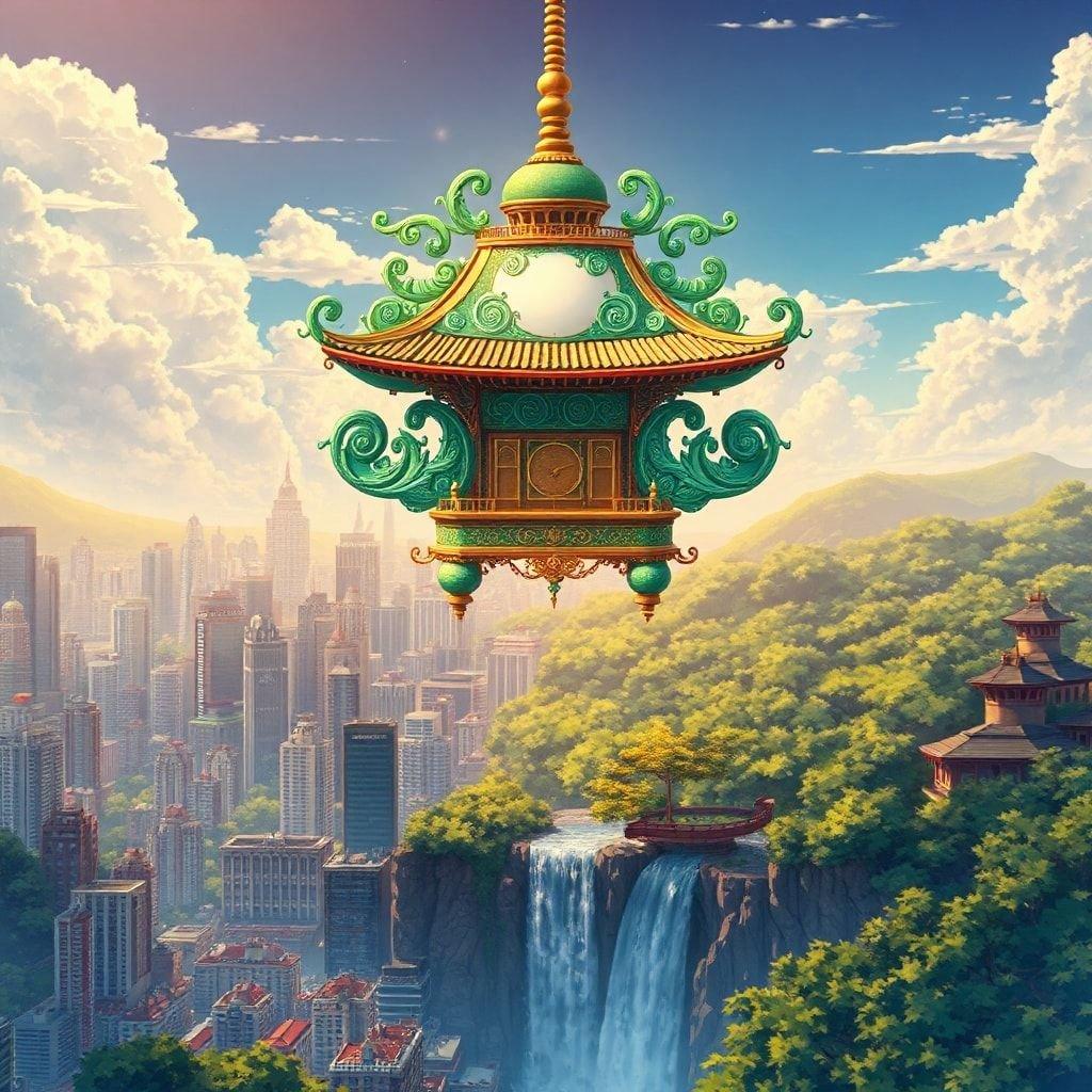 Denna fantastiska anime-illustration visar ett fantastiskt skrin som svävar över en livlig storstad, som blandar traditionell japansk arkitektur med moderna stadslandskap.