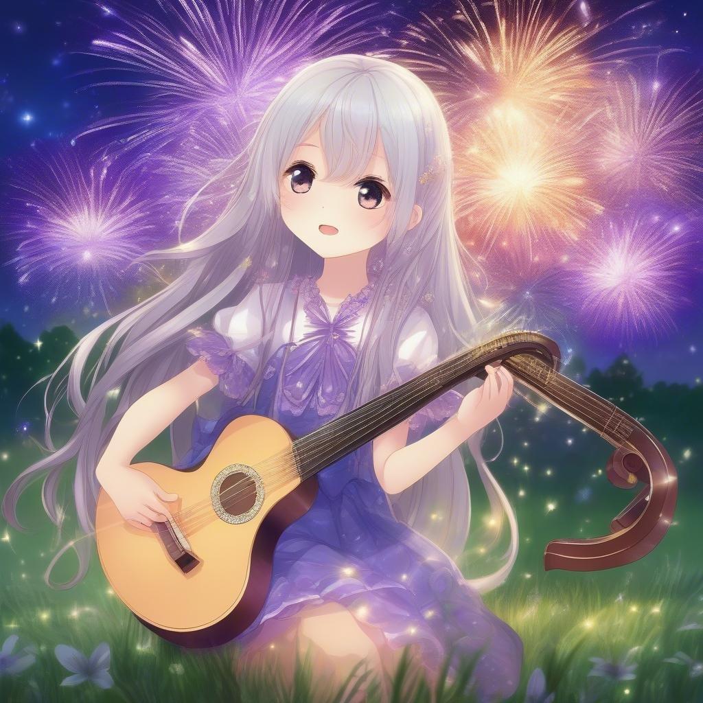 This captivating anime wallpaper features a young girl with long silver hair, skillfully playing a lyre amidst a vibrant field of sparkling fireworks. The background is a mesmerizing blur of green and purple fireworks, creating a dynamic and energetic scene that draws the viewer's attention.