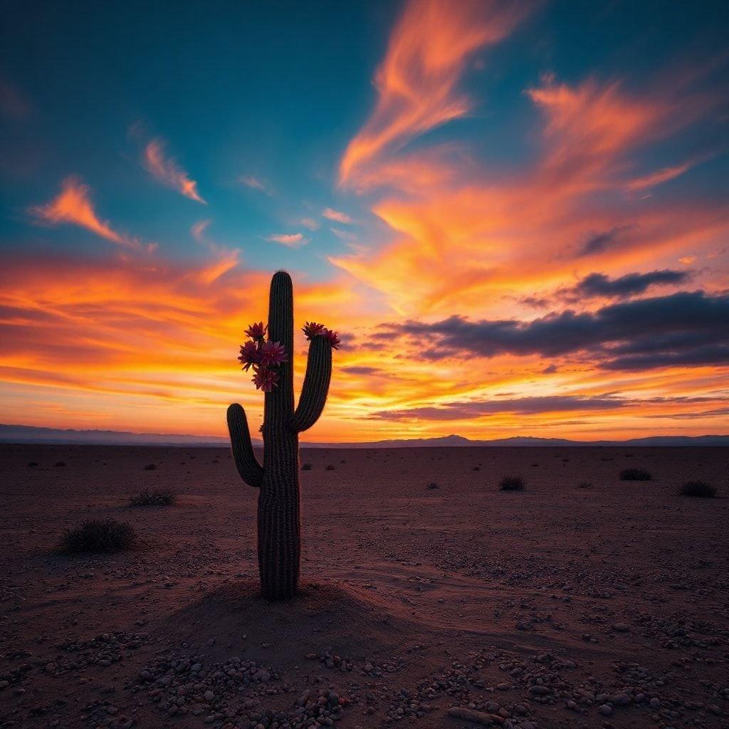 Eine ruhige Wüstenlandschaft bei Sonnenuntergang, mit einem ikonischen Kaktus, der sich gegen die lebhaften Farben des Himmels abhebt. Dieses Bild ist perfekt für Desktop- und mobile Hintergründe, um deinem digitalen Raum einen Hauch von Gelassenheit zu verleihen.