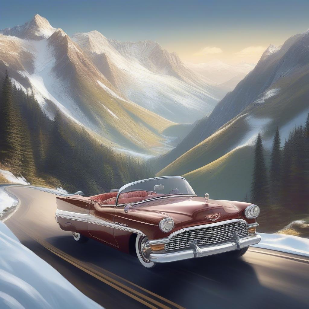 This stunning wallpaper captures the essence of a classic road trip, with a vintage car cruising through a picturesque mountain landscape.