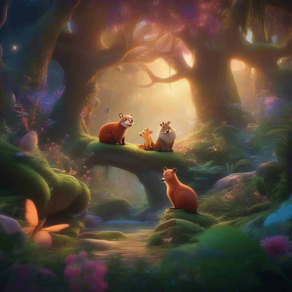 A magical forest scene with cute characters. A wolf, a rabbit, and a bird share a moment together on a sturdy bridge that arches over a stream of water. The background is filled with towering trees under a soft light, creating an enchanting atmosphere.