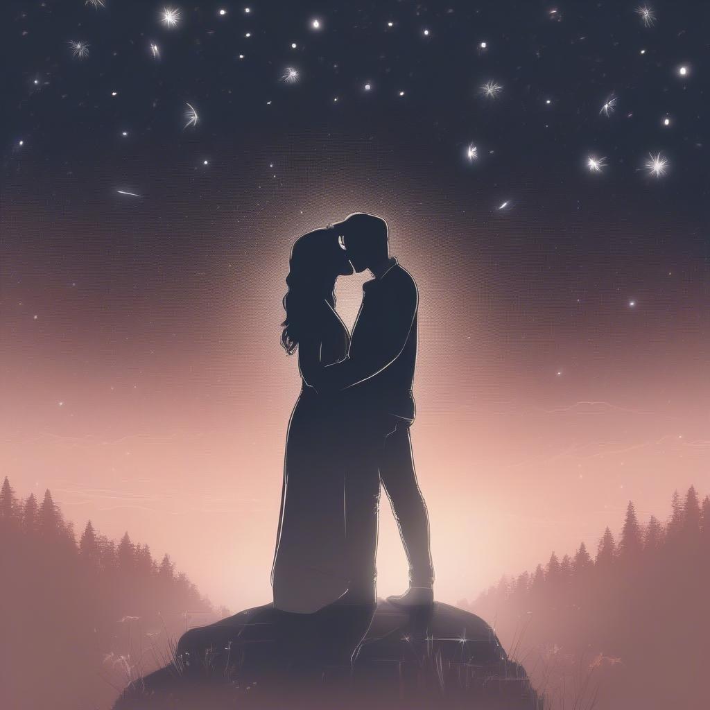 A heartwarming scene of a couple sharing a romantic moment under the starry night sky, perfect for Valentine's Day.