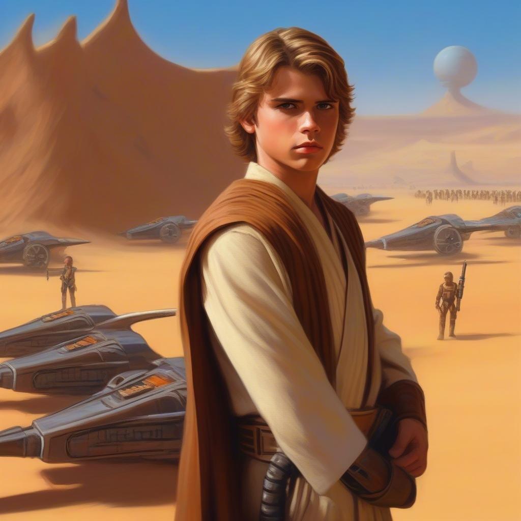 Luke Skywalker stands amidst a desert backdrop, with a squadron of TIE Interceptors approaching.