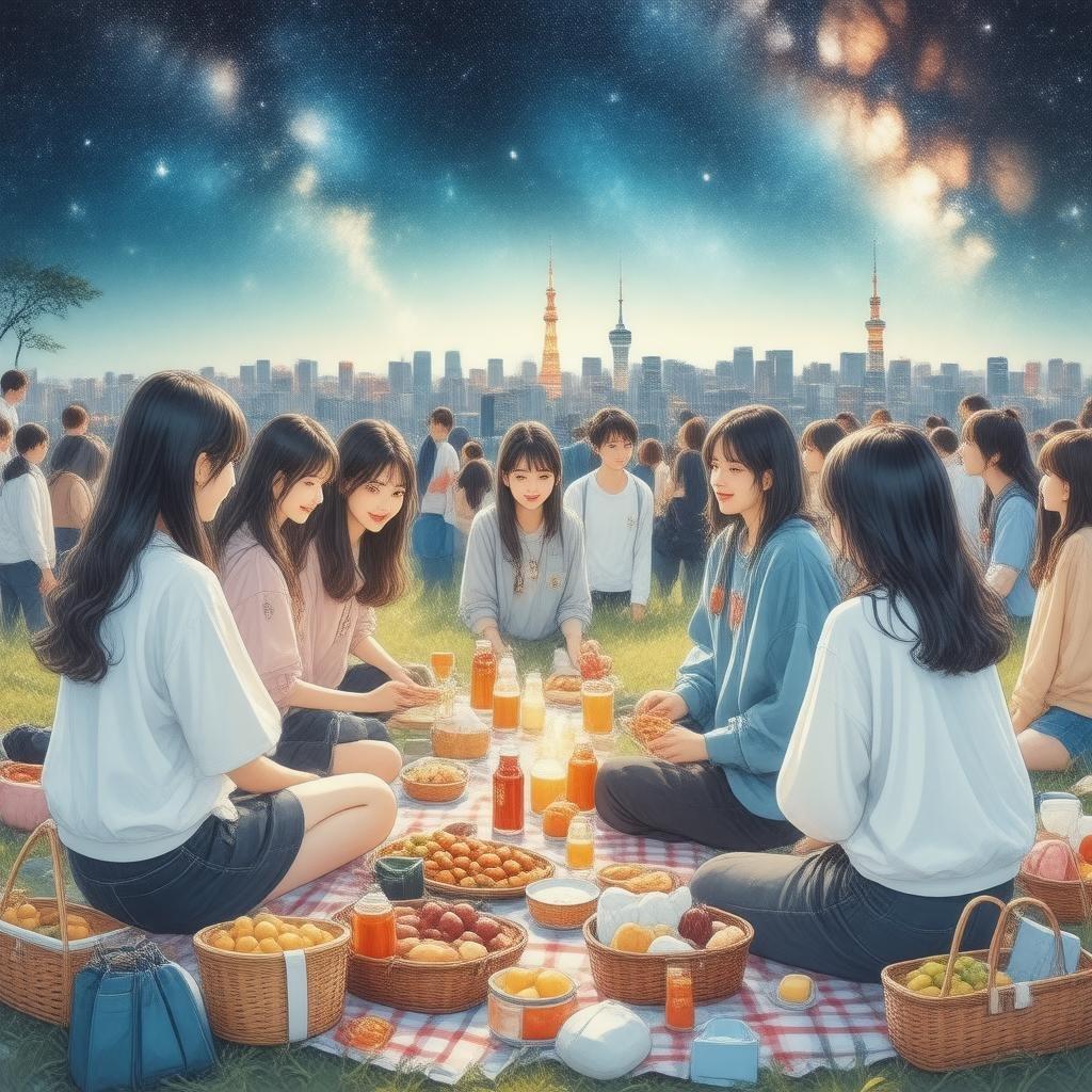 Tauchen Sie ein in die lebendige Welt des Anime mit diesem fesselnden Hintergrundbild, das eine Gruppe junger Menschen zeigt, die bei einem Picknick unter einem sternenklaren Nachthimmel das ikonische Tokio-Skyline im Hintergrund genießen.