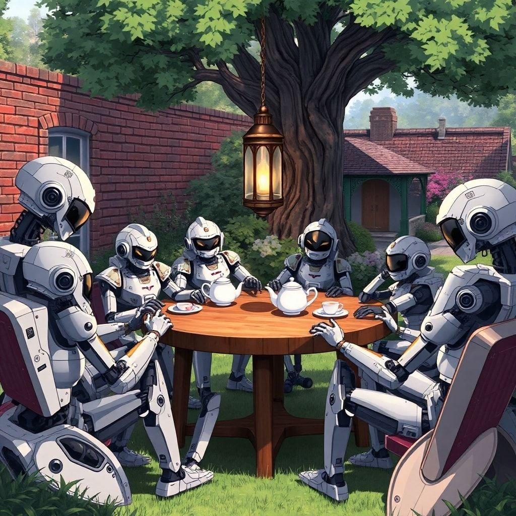 Adéntrate en un mundo caprichoso donde los robots y androides se reúnen para una encantadora fiesta de té, rodeados por el encanto de un jardín de la era victoriana. Esta ilustración de estilo anime captura la esencia de la amistad y la camaradería entre estos seres mecánicos, mientras se reúnen alrededor de una mesa de madera adornada con una linterna vintage y una tetera. La escena irradia una atmósfera animada, fusionando lo futurista con lo nostálgico, invitándote a unirte a la diversión.