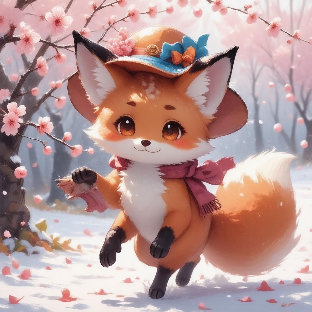 This detailed anime illustration captures a young fox, full of life and energy, dancing through the falling cherry blossoms. The vibrant color of the fox's hat stands out against the soft pink petals around it. With expressive eyes and ears, this little creature embodies the joy and whimsy that anime often delights in showcasing. A serene, harmonious scene is crafted with the blurred background, allowing the fox to be the star of this winter wonderland.