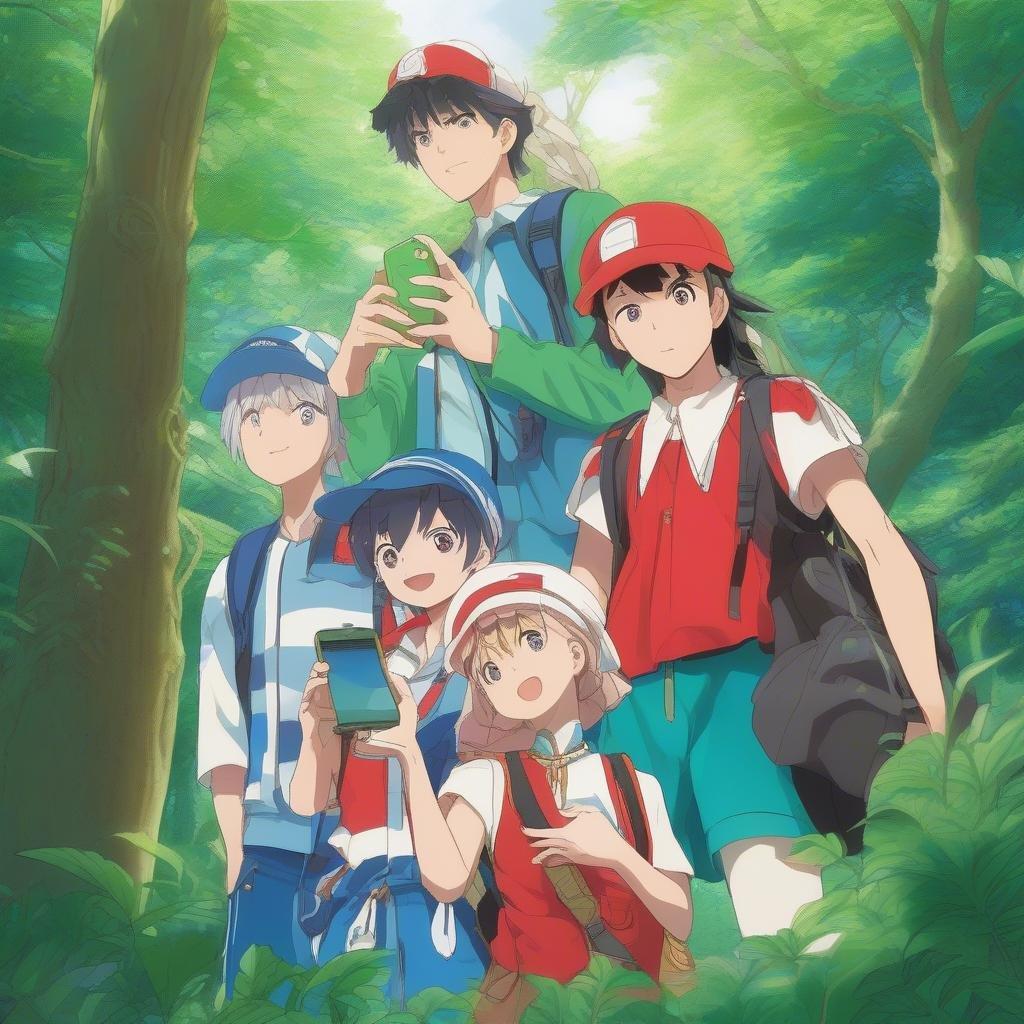 A group of friends are exploring the wild together, sharing stories under the shade of the tall trees. They're dressed for adventure in colorful outfits and hats, each carrying a backpack filled with essentials for their journey.