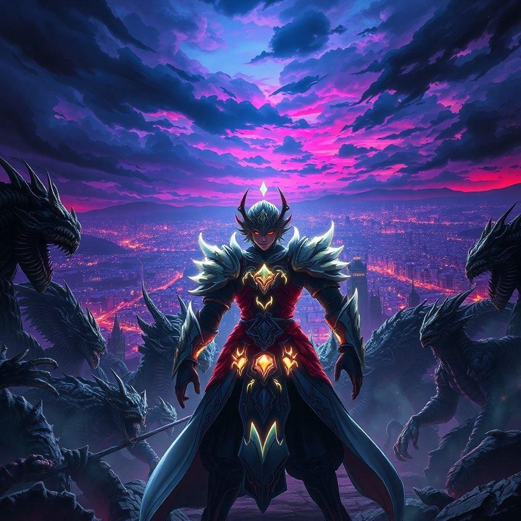 A fantasy anime character stands confidently in front of a city skyline at sunset, ready for adventure and danger.