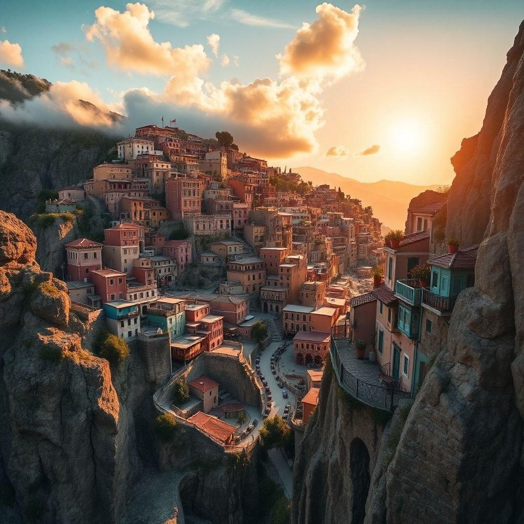 This 3D art depicts an idyllic village nestled into the side of a canyon, bathed in the warm glow of a sunset.