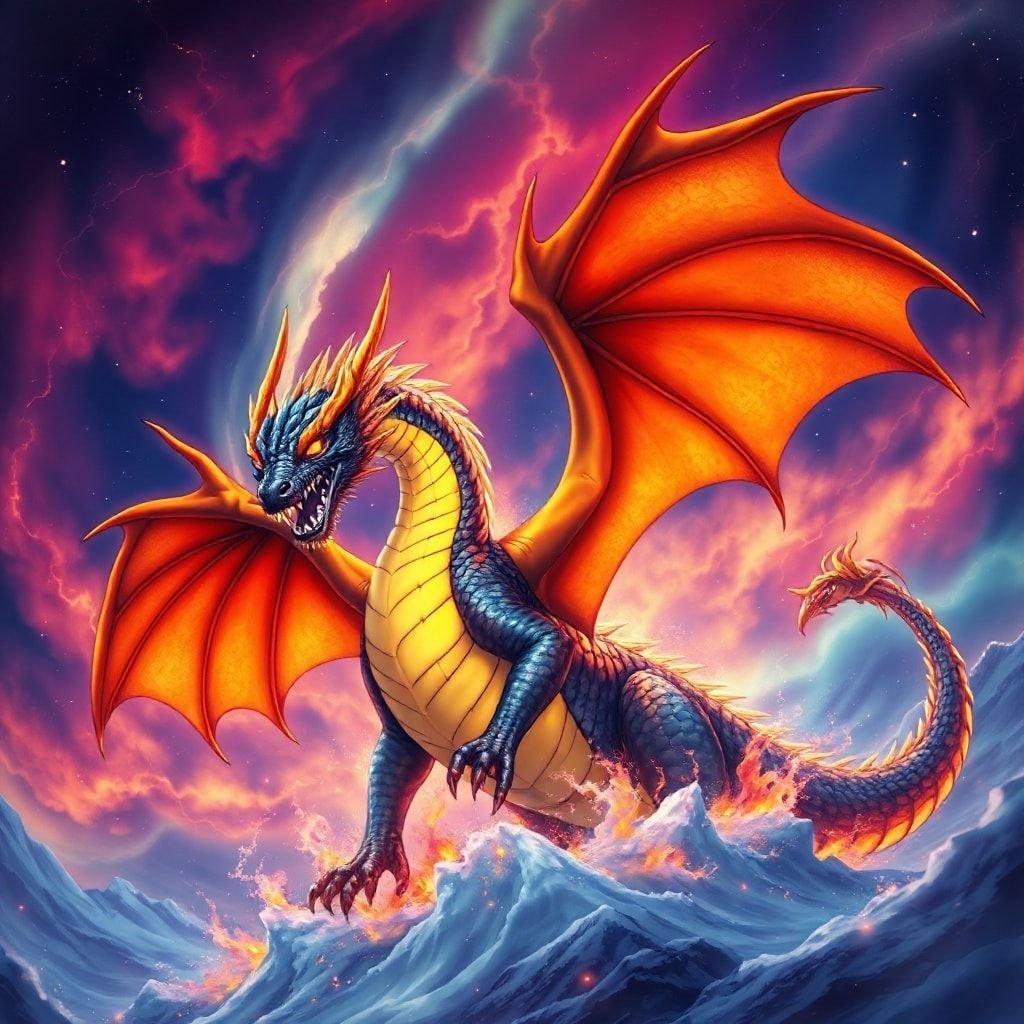 Tauchen Sie ein in die fesselnde Welt des Anime mit diesem atemberaubenden Drachen-Hintergrundbild. Das majestätische Wesen taucht aus einer dunklen, feurigen Aurora Borealis auf, seine lebhaften orangefarbenen und gelben Schuppen kontrastieren mit dem tiefen Blau seines Körpers. Der intensive Blick des Drachen zieht die Aufmerksamkeit auf sich, während die Aurora mit einem sanften, leuchtenden Licht strahlt und eine animeartige Atmosphäre schafft.