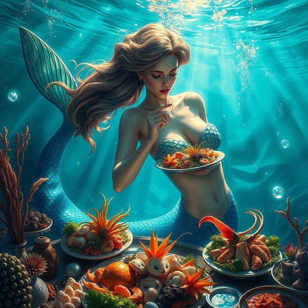 This enchanting wallpaper features a mermaid enjoying a sushi dinner underwater, perfect for adding a touch of whimsy to your desktop or mobile device.