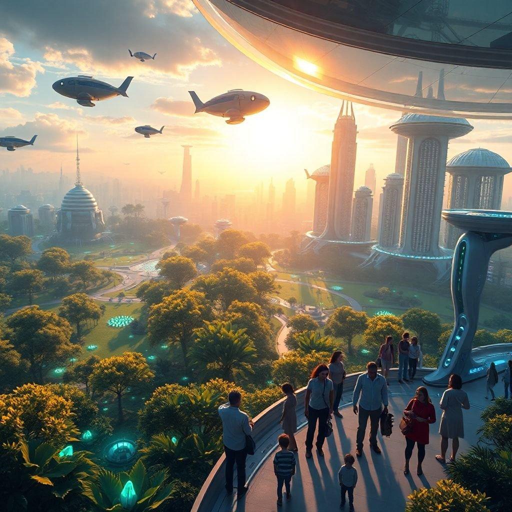 This breathtaking aerial view showcases a futuristic city teeming with life, where science fiction and reality blend seamlessly. The sun casts its warm glow over the scene, highlighting the towering structures and gleaming surfaces of the city's architecture. A family enjoys the vantage point atop one of these structures, their silhouettes small against the grand backdrop. In the sky above, flying cars add to the sense of a bustling metropolis in the midst of an exciting technological age.