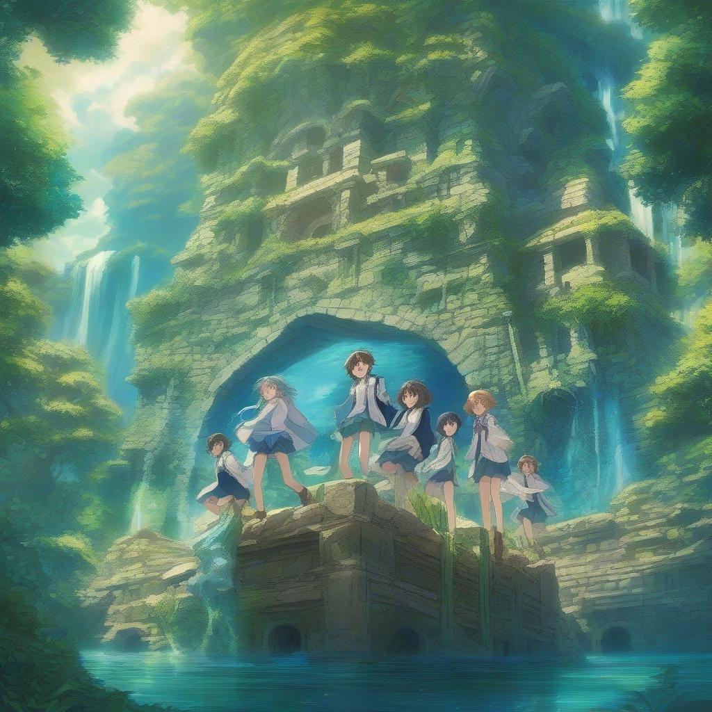 A group of high school students embark on a magical journey through a fantastical world filled with ancient ruins, enigmatic creatures, and vibrant colors. Their bodies glow with hues of blue and green as they navigate the mysteries of this otherworldly landscape.