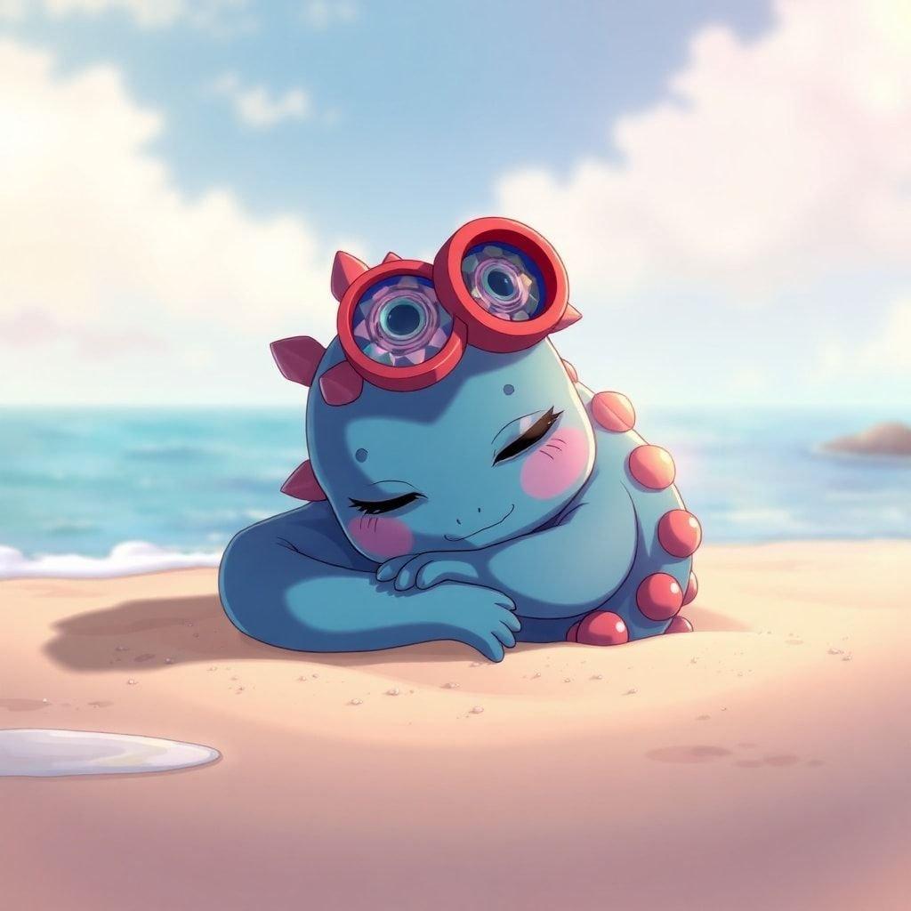 A serene anime-inspired scene of a small kaiju sleeping peacefully on a deserted beach, with a red kaleidoscope adorning its head, creating a sense of tranquility.