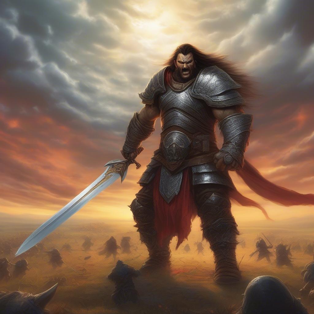 This fantasy warrior wallpaper is a stunning piece of digital art that brings the world of fantasy to your desktop or mobile device. The image features a powerful warrior standing tall, ready for battle.