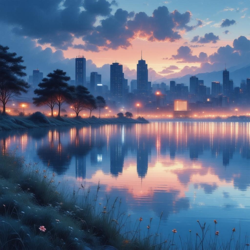 Immerse yourself in the enchanting world of anime with this captivating cityscape at dusk. The tranquil lake's neon reflections harmonize with the bustling metropolis's vibrant skyline, creating a futuristic atmosphere that's both peaceful and dynamic.