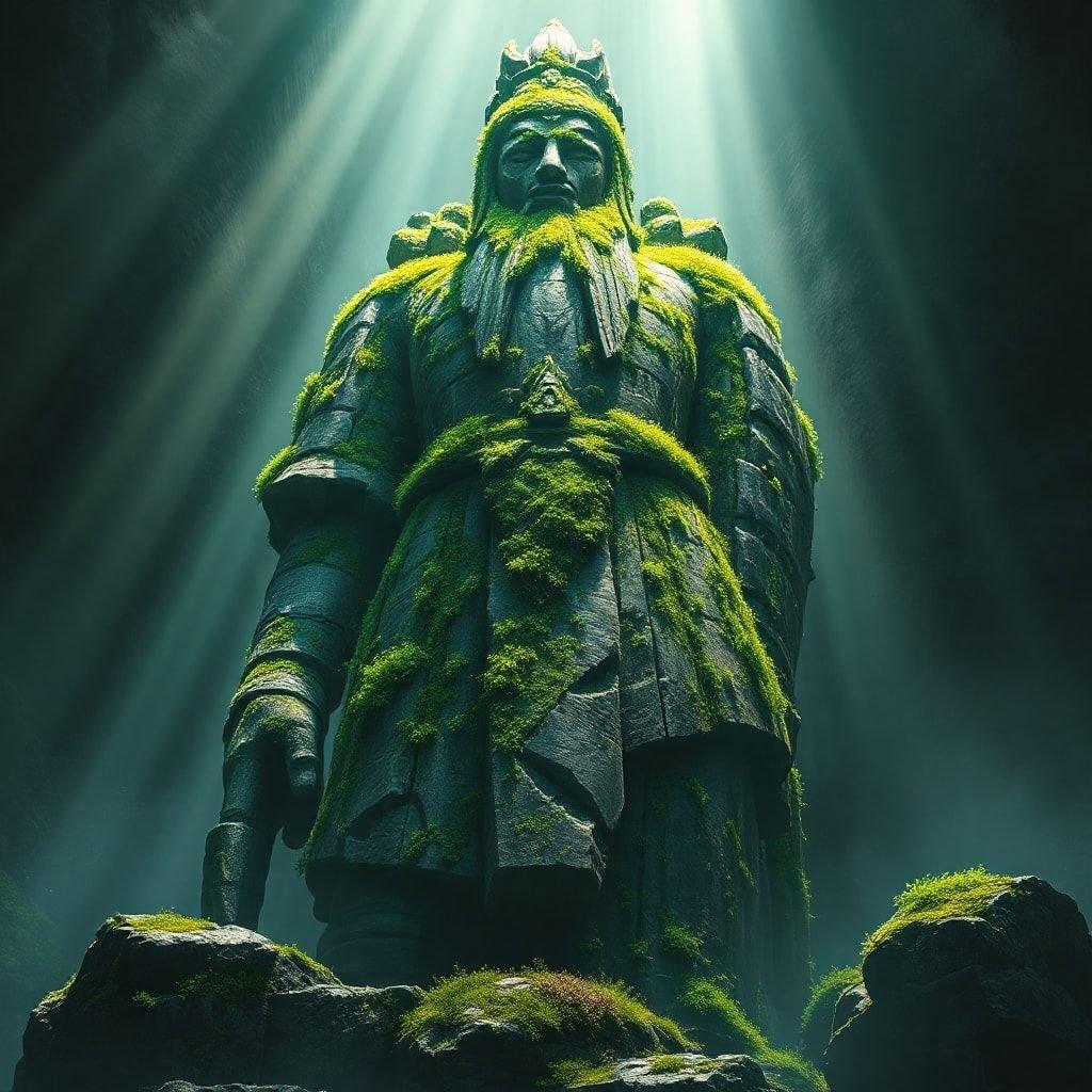 A stunning 3D rendering of a moss-covered statue standing on a rocky outcrop, surrounded by a dark and misty environment.