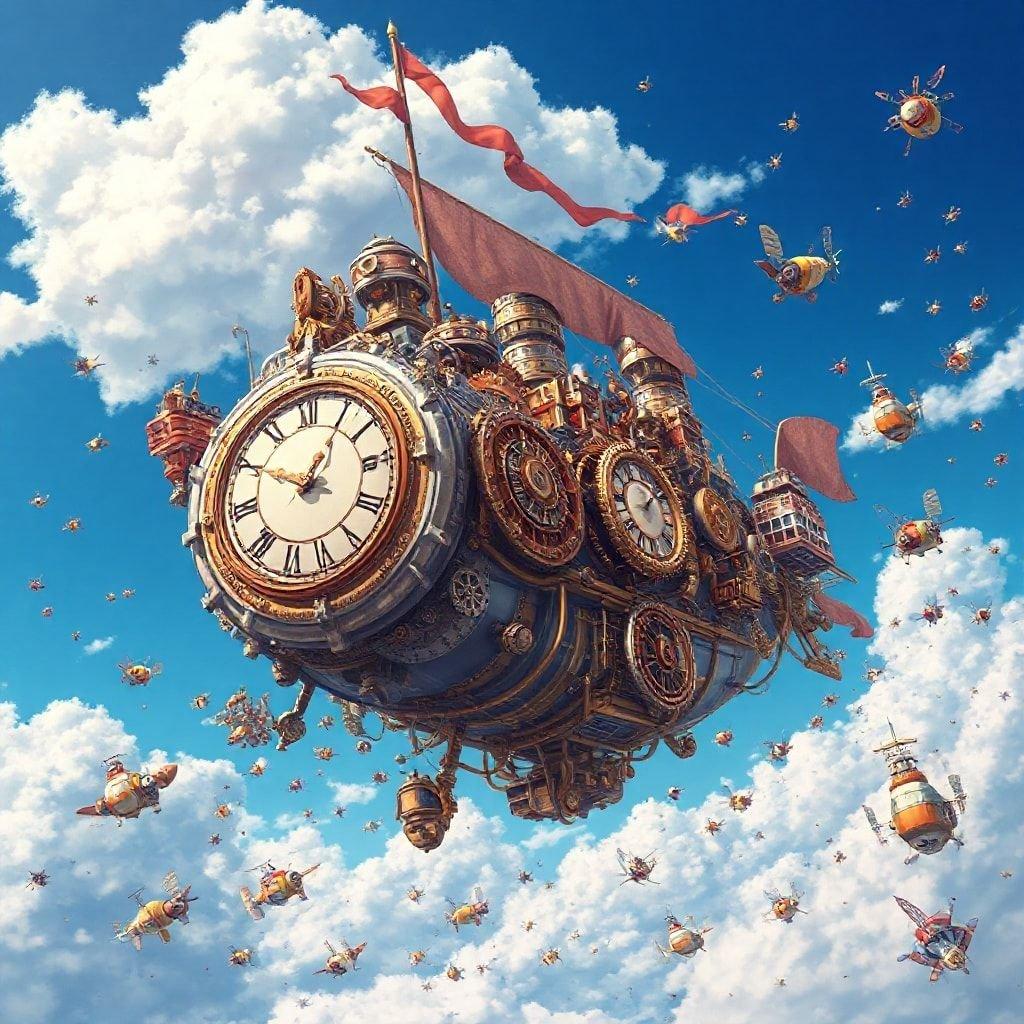 This wallpaper features a stunning anime-style airship with intricate steampunk details, set against a vibrant blue sky with colorful contraptions and fluffy clouds.