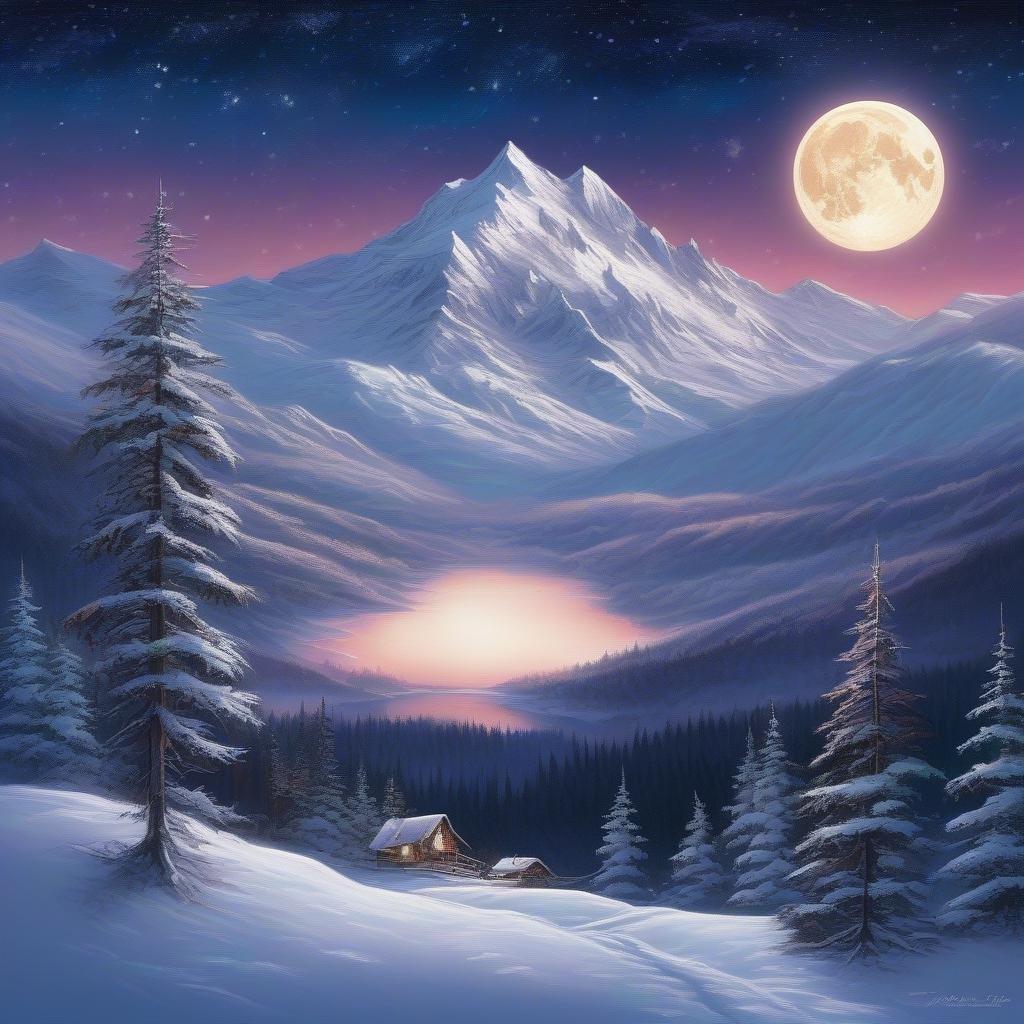 This festive winter wallpaper captures the serene beauty of a snowy mountain range at night, with the moon shining brightly in the sky.