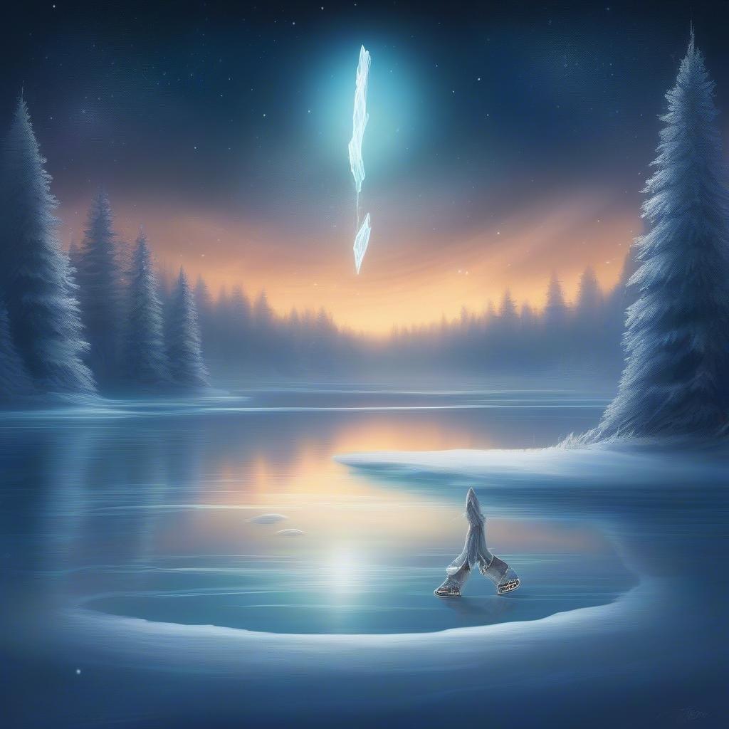 In this serene winter scene, an ice fisher stands alone on the frozen lake, basking in the soft moonlight. The sky above is a canvas of twinkling stars, with a comet streaking across it, casting an ethereal glow that contrasts with the icy hues of the landscape.