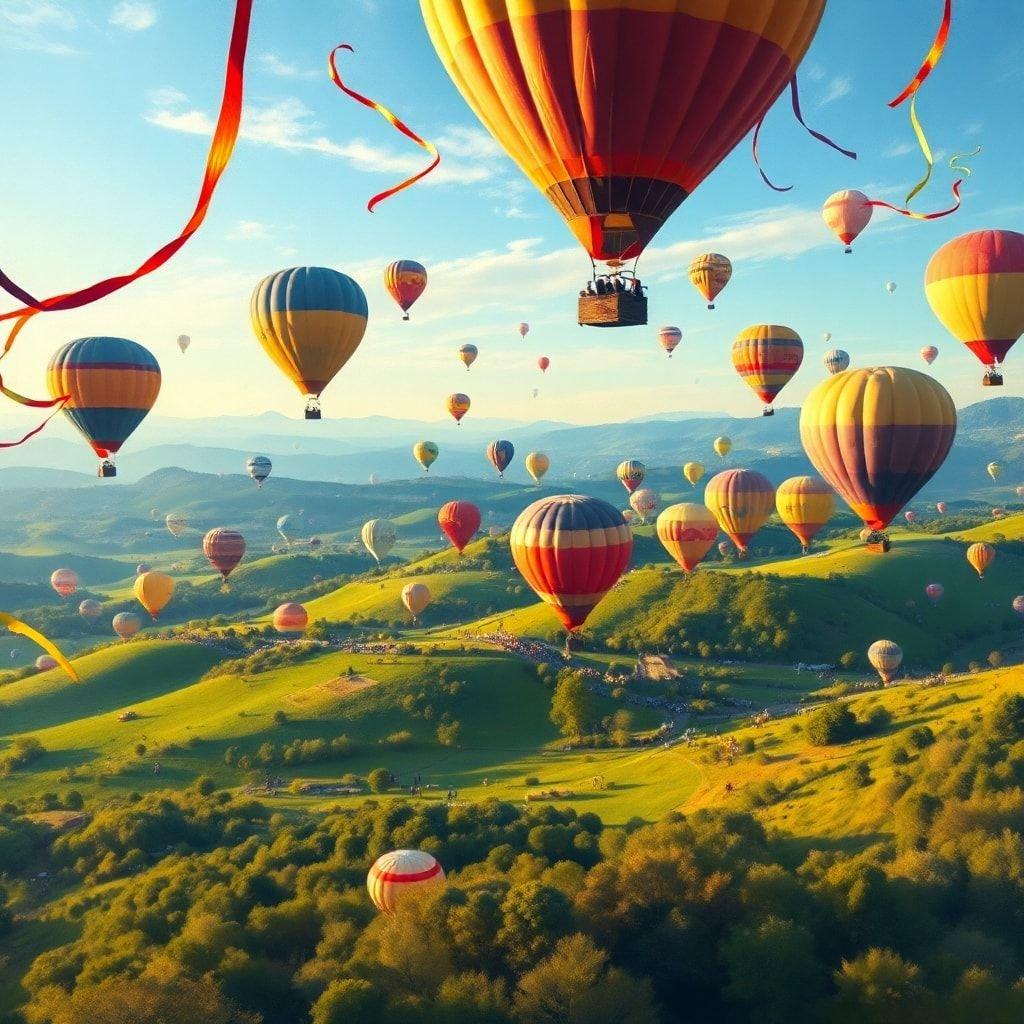 This vibrant scene captures the joy and freedom of independence day festivities. The sky is filled with hot air balloons, each one a beacon of color against the backdrop of a clear blue sky. The lush green fields below add to the picturesque setting, making it an ideal wallpaper for your desktop or mobile device.