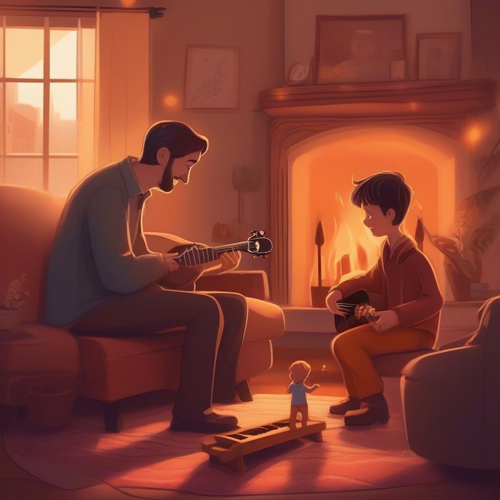 Un cálido momento padre-hijo con música frente a una chimenea, la manera perfecta de celebrar el Día del Padre.