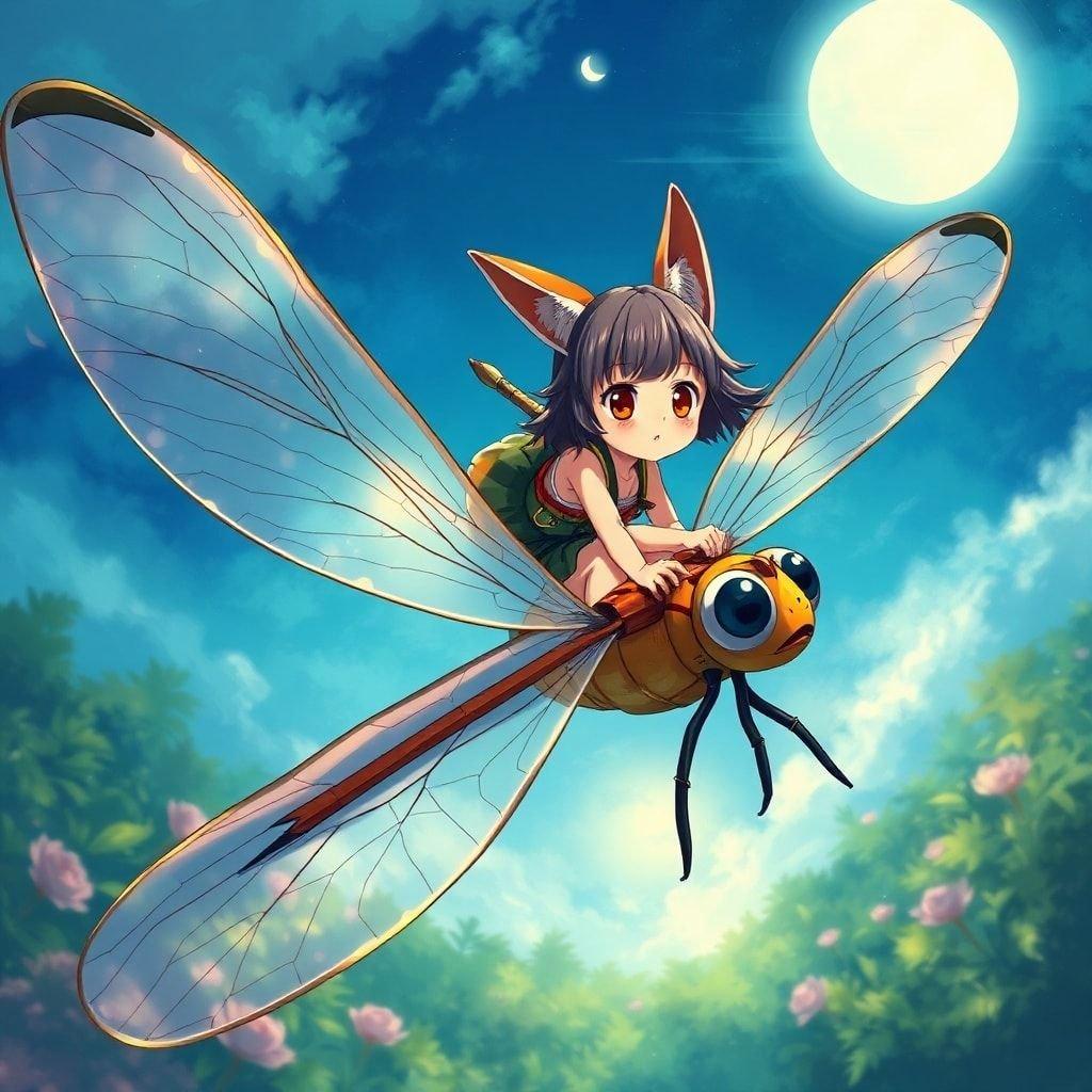 This captivating anime illustration features a young girl with fox ears riding a giant dragonfly, set against a serene backdrop of blues and greens. The mysterious atmosphere is enhanced by the girl's drawn eyes and the dragonfly's spread wings, creating a sense of movement and tranquility.