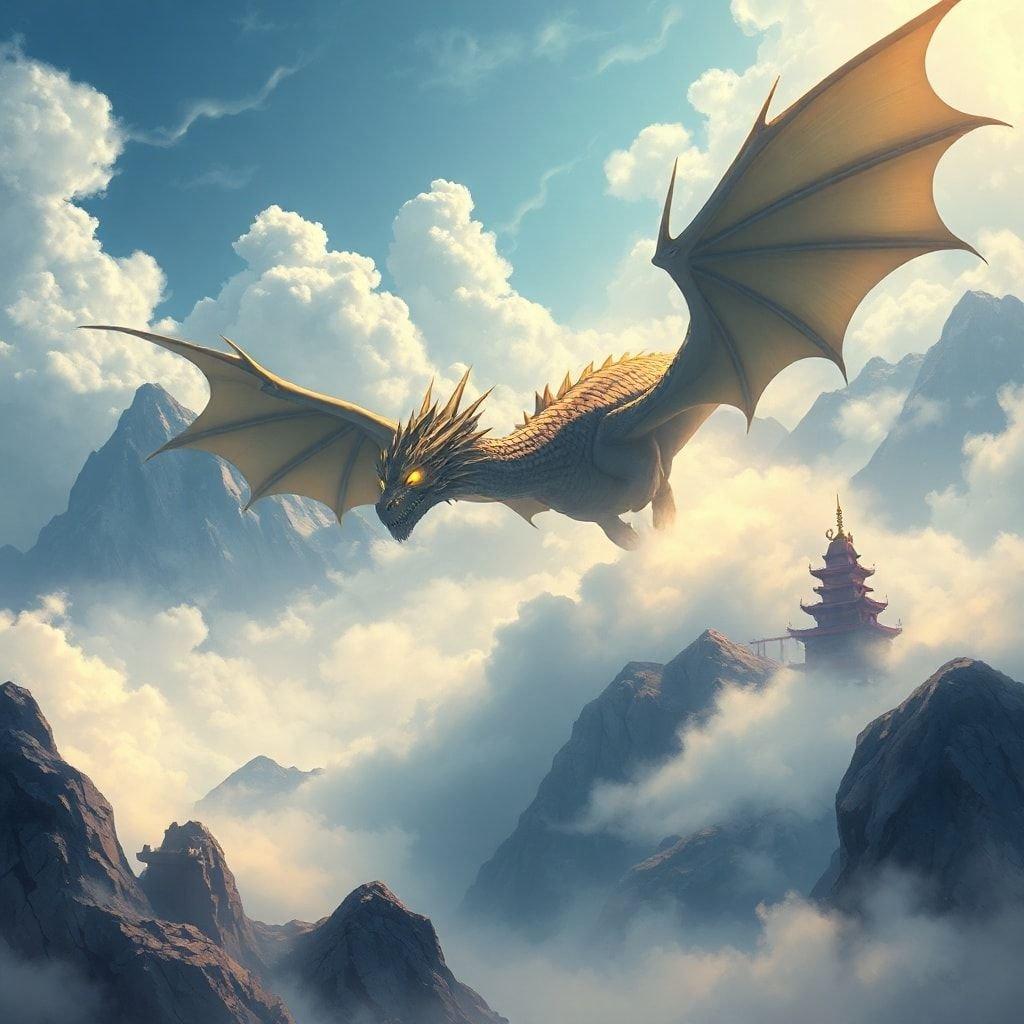 Erleben Sie den Nervenkitzel eines Drachen im Flug, während er hoch über einem Gebirgszug schwebt. Diese Anime-Illustration fängt das Wesen von Fantasie und Geheimnis ein, wobei zwei versteckte Tempel die Intrige verstärken.