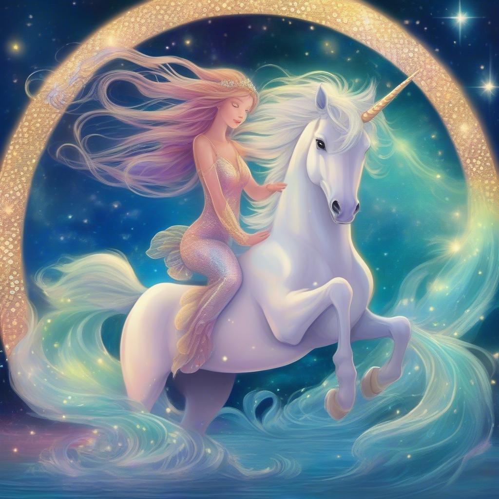 Explorez le royaume de la fantaisie avec cette illustration numérique enchanteresse mettant en scène une sirène sereine chevauchant le dos d'un majestueux licorne. Le duo est placé devant le magnifique décor d'une aurore boréale, créant une atmosphère magique qui capture l'essence des créatures mythiques.