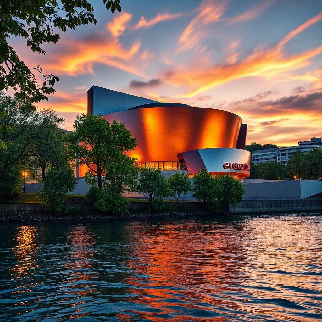 This serene scene captures the stunning view of a modern architectural building as the sun sets over it, creating a vibrant display of colors in the sky and reflecting off the water. The tranquil setting offers a glimpse into the beauty of urban architecture and nature's interplay during dusk.