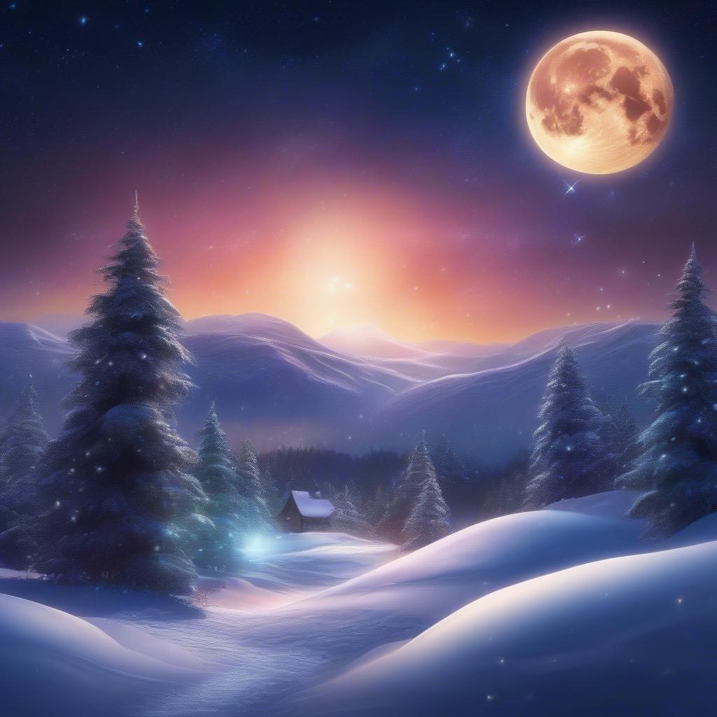 This serene Christmas wallpaper captures the magic of the season, with a snow-covered landscape, towering trees, and a full moon in the sky.