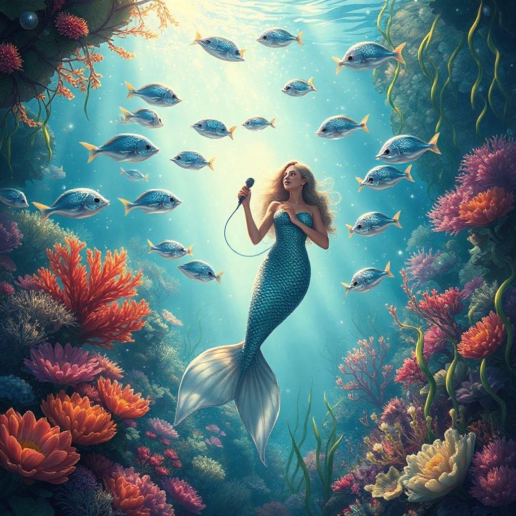 This beautiful mermaid is singing in an underwater setting, surrounded by colorful coral and fish. The image is perfect for anyone who loves fantasy creatures and wants to add a touch of magic to their desktop or mobile wallpaper.