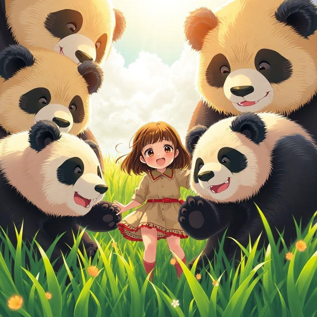 En ung flicka omgiven av gigantiska kawaii-pandas i en fantasifull anime-liknande scen.