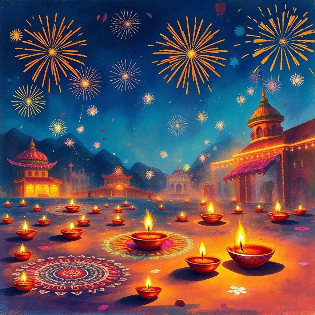 This beautiful wallpaper captures the essence of Diwali, the festival of lights, with a stunning display of fireworks and diyas.