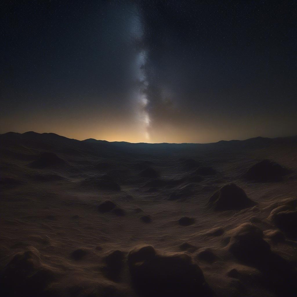 Un paysage désertique martien stérile au crépuscule, présentant un terrain rocheux avec de petites collines et des cratères, sur fond de ciel nocturne clair où la Voie lactée est clairement visible.