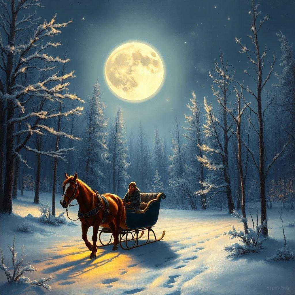 Enjoy a serene winter journey through the snow-covered forest under a bright moon, with a warm cabin waiting at the end.