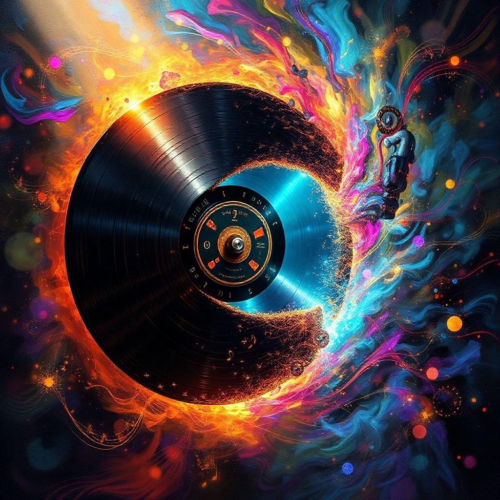 Dieses atemberaubende Hintergrundbild zeigt eine Vinylplatte, die im Weltraum schwebt, umgeben von lebhaften Farben und himmlischen Körpern. Die Platte wird in einem realistischen Stil dargestellt, mit sichtbaren Rillen und Texturen, die der Bildtiefe und Dimension verleihen. Der umgebende Raum ist mit wirbelnden Wolken aus Gas und Staub gefüllt, was ein Gefühl von Bewegung und Energie erzeugt. Der Gesamteindruck ist einer von Staunen und Ehrfurcht, der den Betrachter einlädt, sich die Möglichkeiten der Musik in der weiten Ausdehnung des Weltraums vorzustellen.