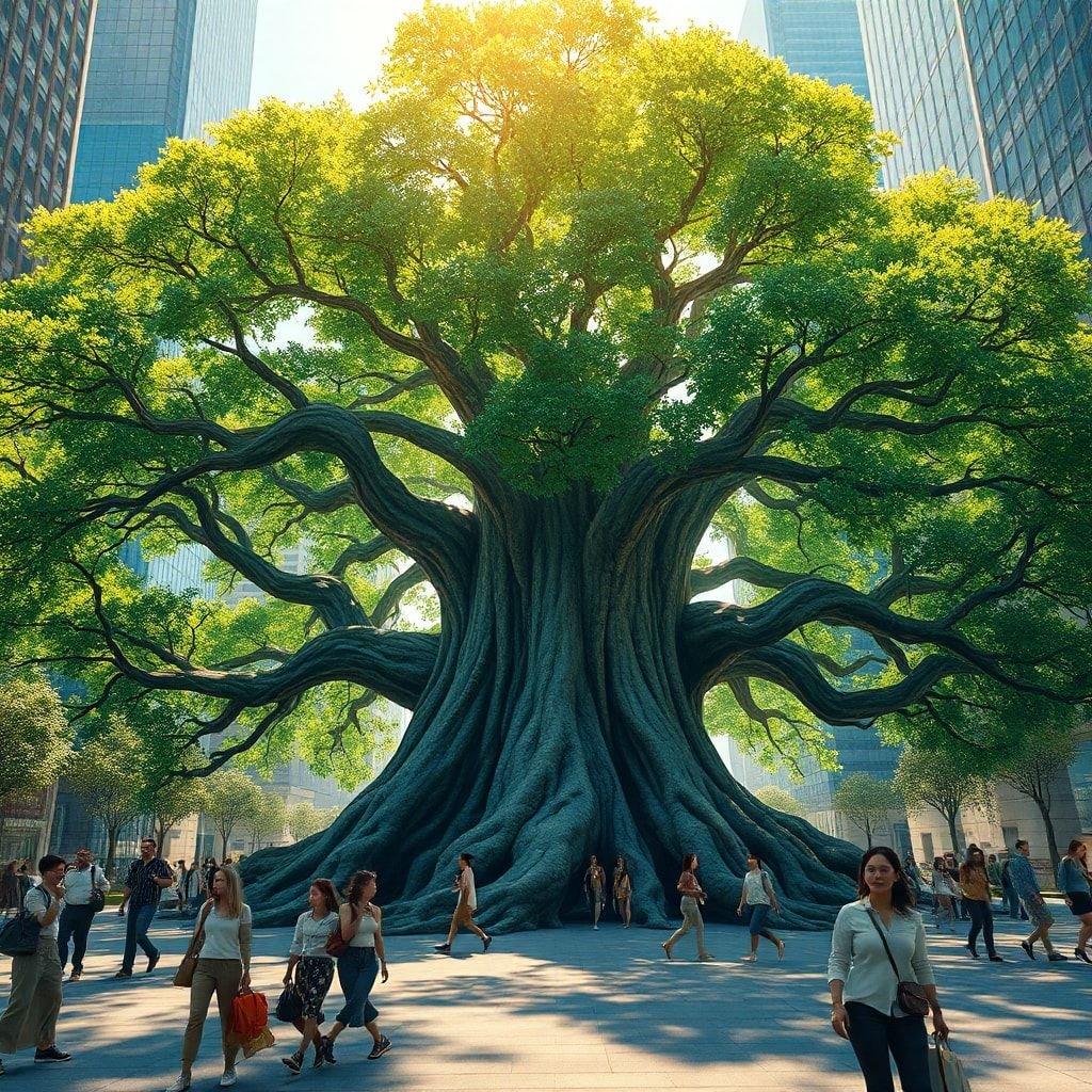 Este vibrante árbol antiguo verde sirve como un oasis urbano en medio de la ciudad. Se erige alto entre los modernos rascacielos, simbolizando la resiliencia de la naturaleza y su lugar en nuestra vida diaria.