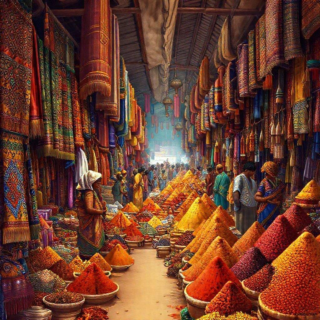 Experience the vibrant life of an Indian spice market, filled with people browsing a variety of exotic spices on display. The warm colors and intricate textures capture the essence of this bustling cultural hub.