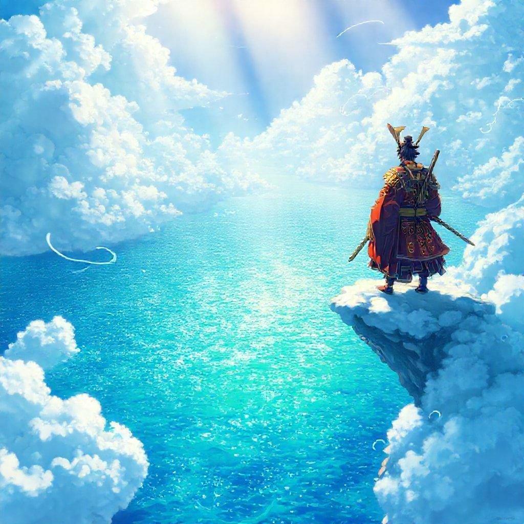 Uma ilustração de anime mística retratando um samurai em pé sobre uma ponte de nuvens, observando o oceano infinito. A imagem é rica em tons de azul e verde, com o traje marcante do samurai adicionando um toque de encanto fantástico a esta cena serena e etérea.