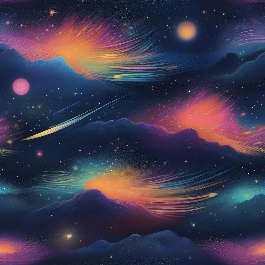 This dreamlike space scene captures the vastness of the universe with swirling galaxies, vibrant stars, comets streaking across the sky and distant planets twinkling like diamonds in the night. A mesmerizing wallpaper for those who love exploring cosmic wonders.